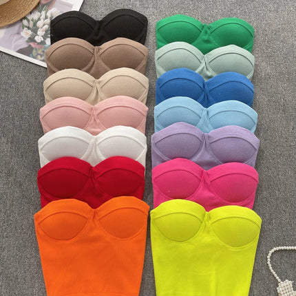Strapless Western Style Skinny Tanks Camis for Women Summer Casual Solid Colours Female Corset Crop Tube Tops with Built In Bras