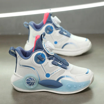 Children Basketball Shoes Boys Sports Comfortable Non Slip Flat Fitness Shoes 2025 New Rotating Button Sports Sneakers for Kids