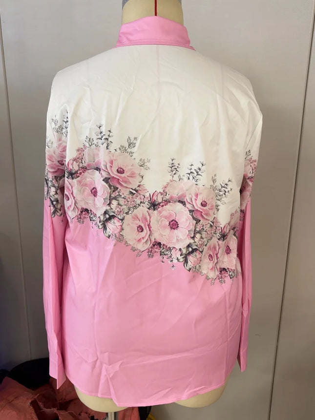 2025 Plus Size European And American Spring And Autumn Aomen's Color-Block Printed Long-Sleeved Lapel Button Shirt
