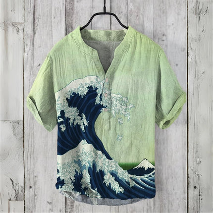 Men's Short-Sleeved POLO Shirt Imitation Linen POLO Shirt Printed Kanagawa Waves Japanese Retro Men's Clothing