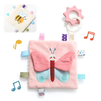 Soft Baby Comfort Blanket with Teether, Sensory Plush Security Toy for Infants, Cute Animal Butterfly/Bear/Elephant Design with