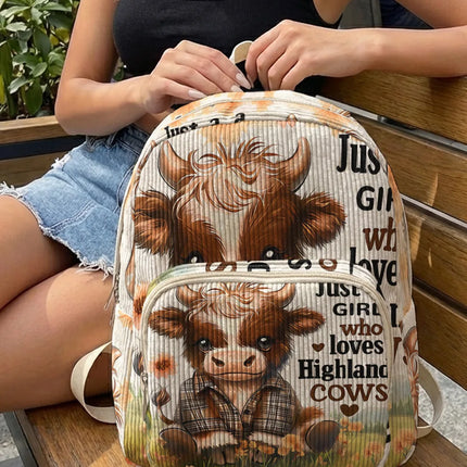 Highland Cow & Letter Print Allover Women Fashion Backpack Corduroy Multi-pocket Large Capacity Commuter Bag