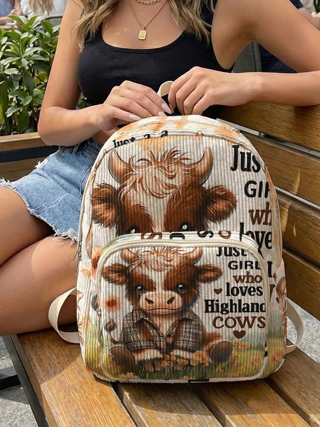 Highland Cow & Letter Print Allover Women Fashion Backpack Corduroy Multi-pocket Large Capacity Commuter Bag