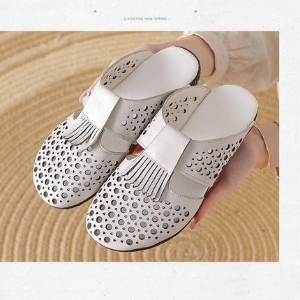 New Women's Breathable Perforated Leather Mules Vintage Tassel Slip on Flats Woman Casual Summer Shoes Hollow Slippers Outdoor