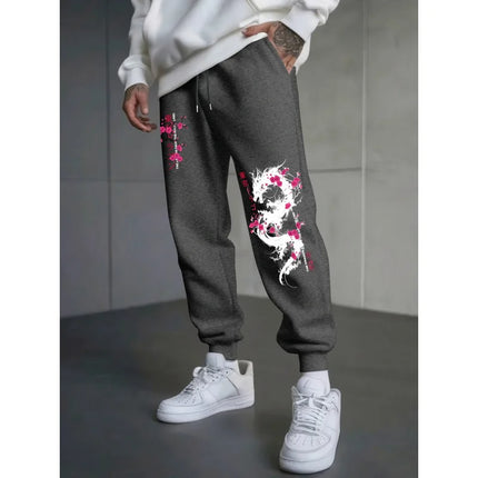 Japanese-Style Dragon And Cherry Blossom Print Autumn And Winter Men'S Fleece-Lined Casual Pants