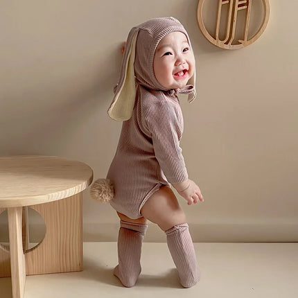 2026 Newborn Baby Rabbit Romper Clothes 3 Pcs Solid Ear Hat Bodysuit Socks Casual Bunny Costume 0-24M Boy Girl Outfits
