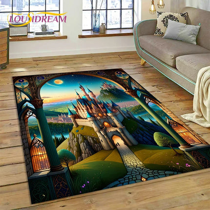 Dream Fairy Tale Castle Mysterious Gothic Cartoon Carpet Rug for Living Room Bedroom Home Sofa, Kid Area Rug Non-slip Floor Mat