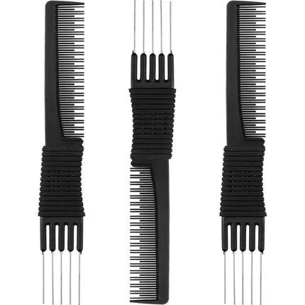 1/2/3/5 Pack Carbon Lift Teasing Combs with Metal Prong, Hair Pick Comb for Women Hair Styling(Black)