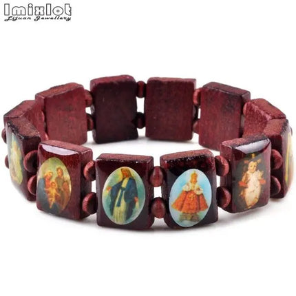 Wooden Rosary Jesus Bracelet Elastic Coloured Beads Catholic Bangle Picture Of Religious Saints Holy Gods Devotion Bracelet
