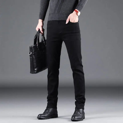Spring Autumn New Men's Pure Black Slim Jeans Elastic Straight Pants Business Fashion Leisure Korean Vintage Denim Pants Male
