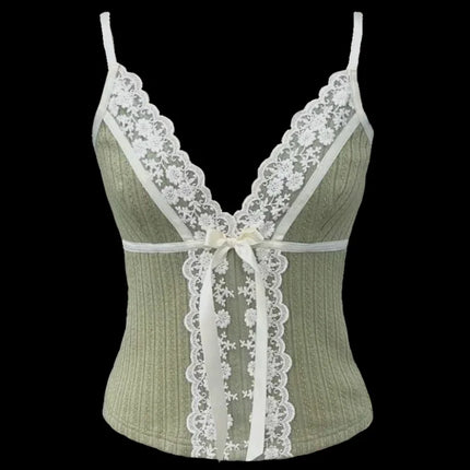 Xingqing Fairy Coquette Tank Top y2k Women Lace Floral V Neck Spaghetti Strap Sleeveless Vest with Bow 2000s Aesthetic Clothing