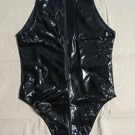 Wet Look PVC Sleeveless Catsuit Shiny PU Leather Tank Bodysuit Tights High Cut Sukumizu Swimsuit Body Teddies Leotard Unitard