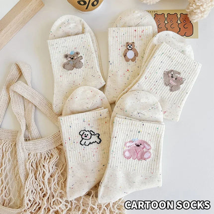 5 Pairs Women's Half Socks Bear Puppy Pattern Cotton Color Solid Dot Yarn Design Skin-friendly Soft Cozy Casual Female Lady Sock