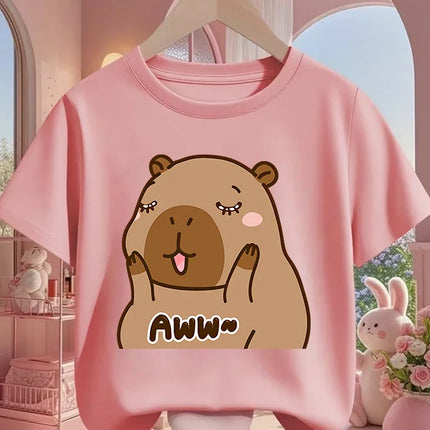 Cute Kawaii Capybara Crew Neck T Shirt Summer 3-14Y Boys Girls Fashion Street Hot Cartoon Casual Children