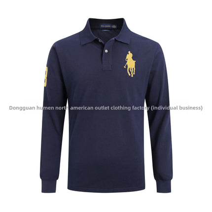 Long Sleeve Pure Cotton Polo Shirt Men's Embroidered Polo Neck T-Shirt Casual Spring Autumn British Style Loose Fit Solid Color