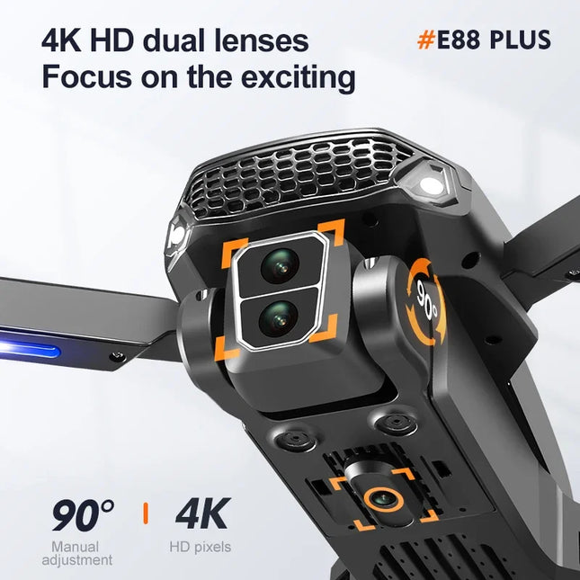 E88Plus Quadcopter Drone w/ 90° Adjustable Camera: Brushless, Optical Flow, RC Toy