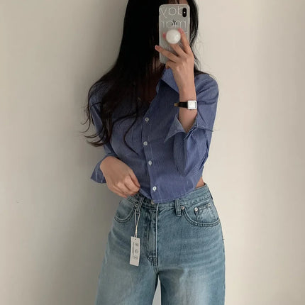 Spring High Waist Slim Fit Striped Shirt Women's Button up Polo Collar Cotton Polyester Blend Fashionable Korean Style