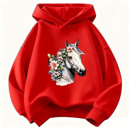 Fashion Horse with Flower Design Hoodie Kids Kawaii Children's Sweatshirt Hoody for Boys Girls Casual Hoodies Hip Hop Clothes