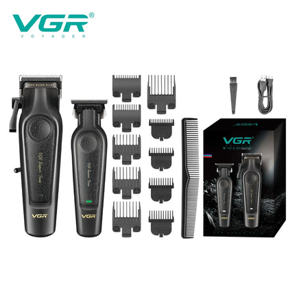 VGR V-197&995 high-end hair clipper two-piece set, metal leather body, electric push shear, LED digital display, oil head carvin
