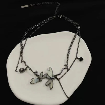 Sweet Cool Gun Black Fantasy Dragonfly Necklace for Women Gothic Black Tassels Choker Niche High-End Clavicle Chain Jewelry