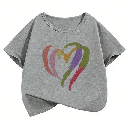 Colorful Love Heart Fashion Crew Neck Short Sleeve T Shirts Kids Children's T-shirt Boys Girls Summer Spring Casual Top Tee