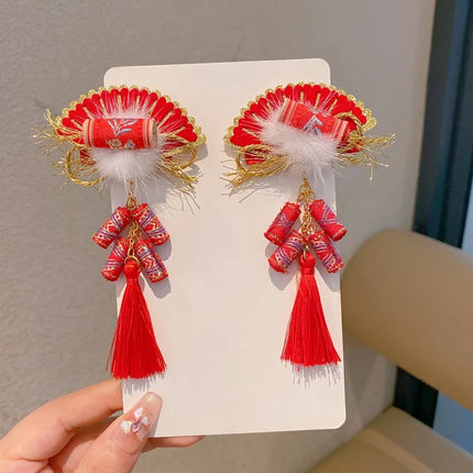 New Year Chinese-Style Hair Accessories Collection,Butterfly/Flower/Fan Designs with Fur Balls,Festive Clips for New Year Outfit