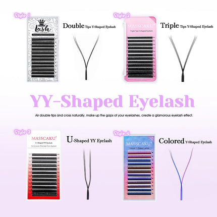 MASSCAKU U Shape YY False Eyelashes 8-15mm Mix C D Curl Double Tips Lashes Extension Hand-wowen Individual Eyelash Wholesale