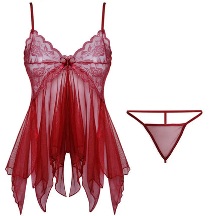 Women Lace Babydoll Lingerie Set Spaghetti Strap Sheer Nightwear Irregular Hem With Panties Sheer Floral Erotic Hot Sexy Costume