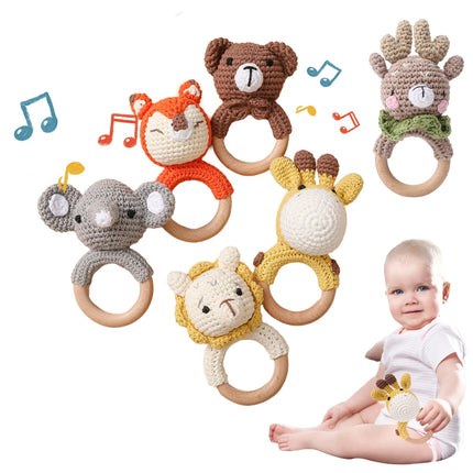Set of 5 Handmade Crochet Animal Rattles Natural Beech Wood Rings Built in Bell Crisp Sound Teething Fine Motor Skills Baby Gift