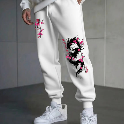 Japanese-Style Dragon And Cherry Blossom Print Autumn And Winter Men'S Fleece-Lined Casual Pants
