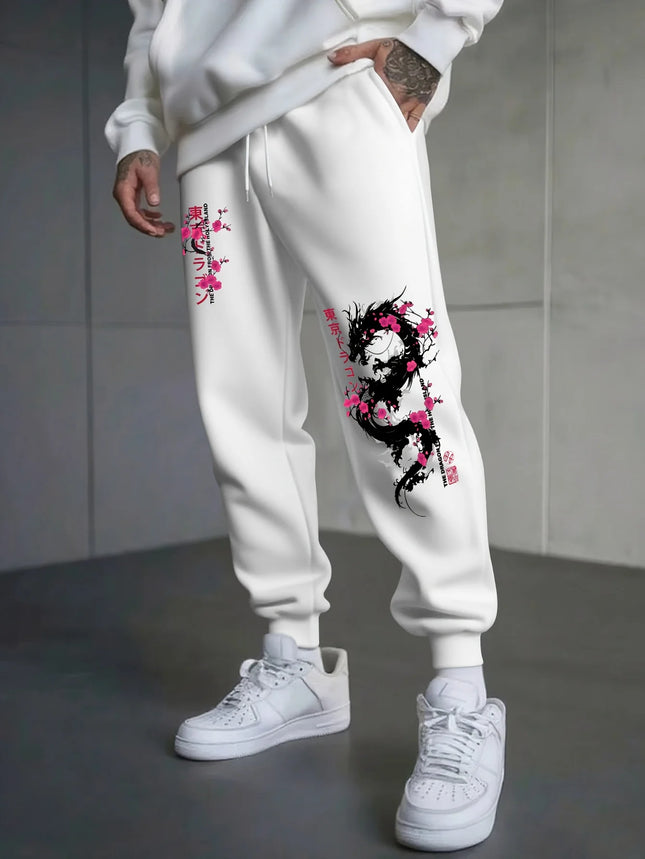 Japanese-Style Dragon And Cherry Blossom Print Autumn And Winter Men'S Fleece-Lined Casual Pants