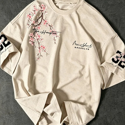 Hot selling summer men's Brooklyn cherry blossom letter print comfortable and breathable round neck T-shirt outdoor street top