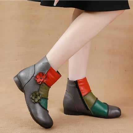 WOIZGIC Mother Women's Genuine Leather Boots Female Ankle Shoes Zipper Ethnic Style Autumn Plush Fur Warm Flower