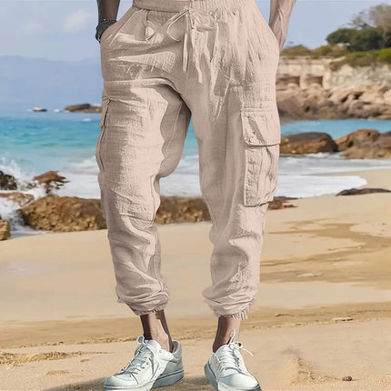 Men's Cotton Linen Blend Cargo Jogger Pants, Elastic Waist Drawstring Trousers with Side Pockets for Summer Casual Daily Outdoor
