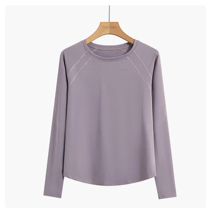 DRUR Women Long Sleeve Yoga Shirt Quick Dry Breathable Workout Top O-Neck Lightweight Pilates Running Tee Activewear Gym Clothes