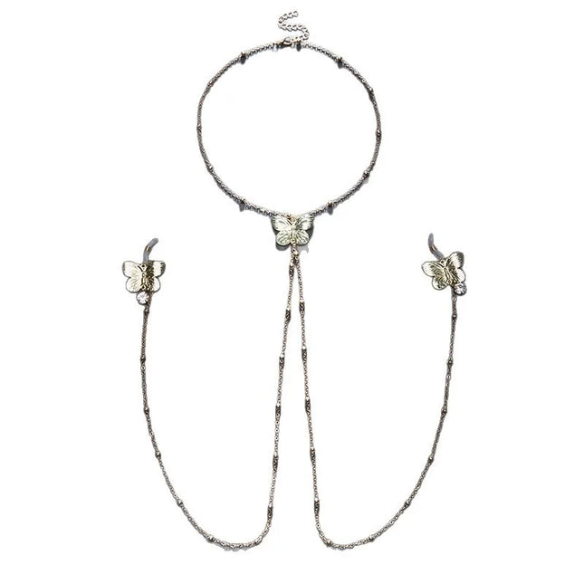 Sexy Butterfly Pendant Nipple Clamps Collar and Body Chain Combo Sexy Accessories for Women BDSM Training Fetish Adult Sex Toys