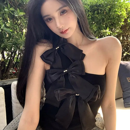 Black Bow Off Shoulder Halter Vest for Women Summer Sweet Sexy Simple Tops Mujer 2026 New Slim Fit Sleeveless Tank Top