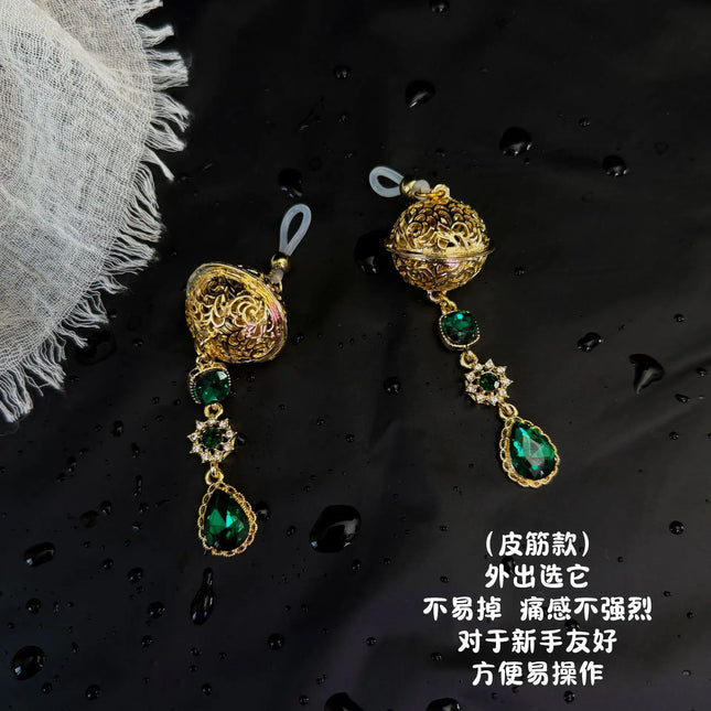 Erotic Emerald Nipple Clamps Bell Collar Female Anal Stimulator Gold Leash Chain Sexy Accessory Set BDSM Adult Sex Toys 18+