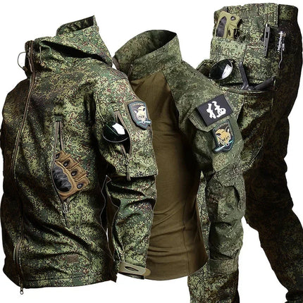 RU Camo Waterproof Sets Men Winter Fleece Hooded Jacket+Breathable Long Sleeve Tshirts+Straight Cargo Pant Soft Shell Suit