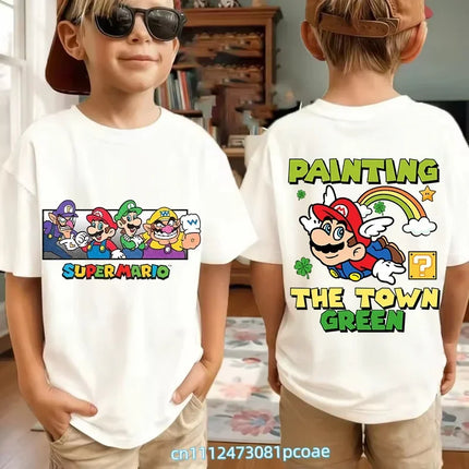 New Super Mario and Luigi Anime Children's Cotton Short-sleeved T-shirt, Cartoon Game Trendy Top for Boys' Casual Short Sleeves.