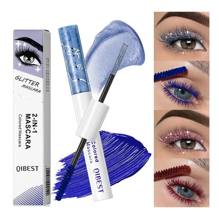 QIBEST Double-Ended Diamond Glitter Mascara Lasting Colored Mascara Eyelashes Pink Blue Green Red Voluminous Mascara Rimel