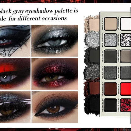 Goth Makeup Gray Black Eyeshadow Palette, Grunge Smokey Eye Eyeshadow Palette Highly Pigmented, Blendable Chrome Glitter Silver