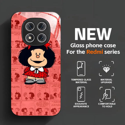 Cute girl Mafalda Comic Design  Phone Case Tempered Glass Case For Redmi Note11 12 13 14Pro Plus S 5G 14C A3