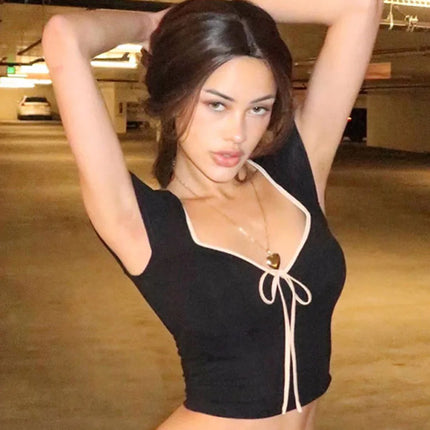 Y2K Summer Crop Top Bow Baby Tees Women's Clothes Chic Cute Low Cut Short Sleeve T-Shirts Black
