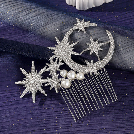Retro Korean-Style Star and Moon Bridal Hair Comb Classic Pearl Handmade Hair Clip Headpiece For Women Holiday Hair Accessories