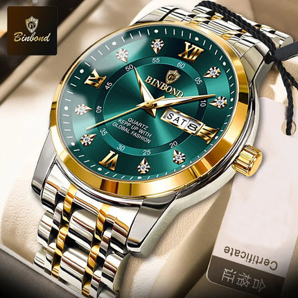 BINBOND Stainless Steel Quartz Wristwatch Top Brand Luxury Clock 3ATM Waterproof Business Men Watches Men Gifts Relojes