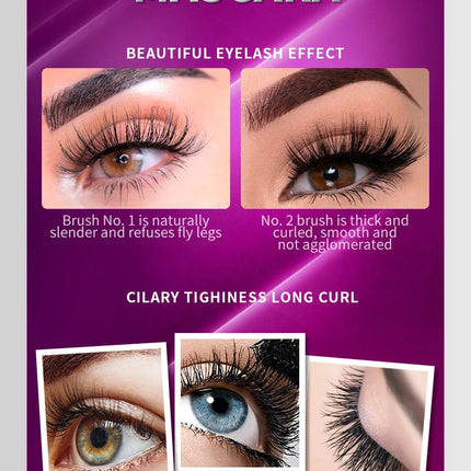 QIC Double Effect 4D Mascara Waterproof Long Curl Natural Thick Eyelash 2-in-1 Black Mascara with 2 Brush Heads