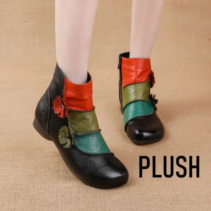 WOIZGIC Mother Women's Genuine Leather Boots Female Ankle Shoes Zipper Ethnic Style Autumn Plush Fur Warm Flower