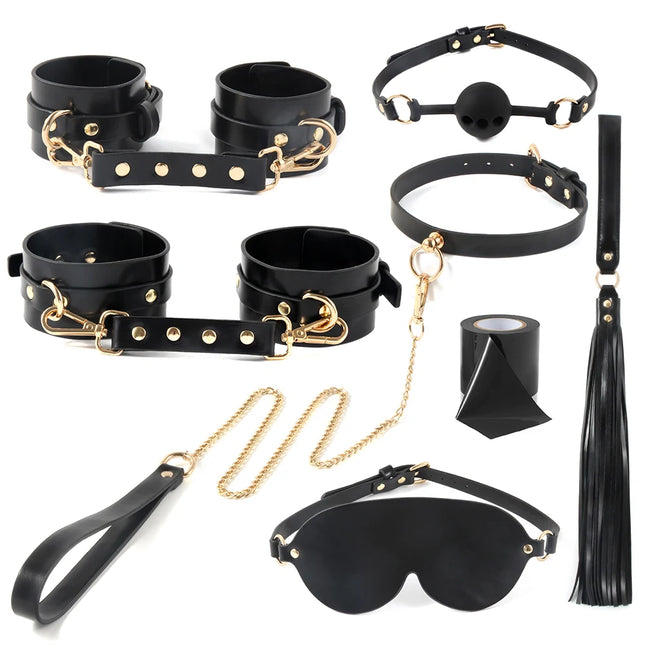 High Quality PU Leather Bondage Kit Restraints Handcuff SM Collar Mouth Ball Gag Flogger Bondage Tape Sex Toys For Couples