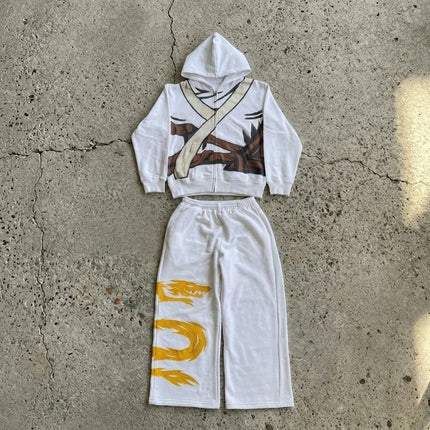 Ninja Warrior Armor Hoodie Set Men Dragon Graphic 2 Piece Suit Anime Inspired Streetwear Baggy Wide Leg Pants Tracksuit Outfit
